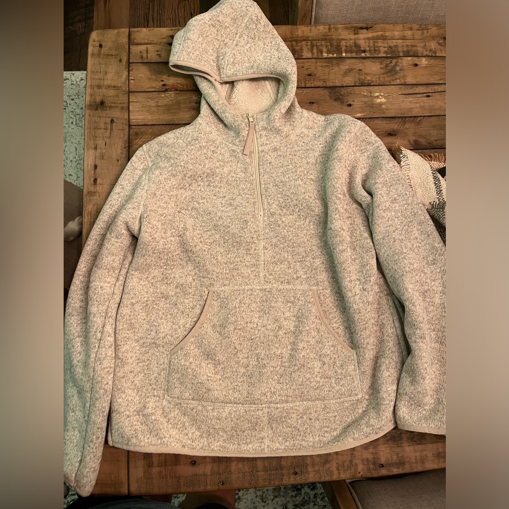 Beige fleece Pullover with zipper and Hood